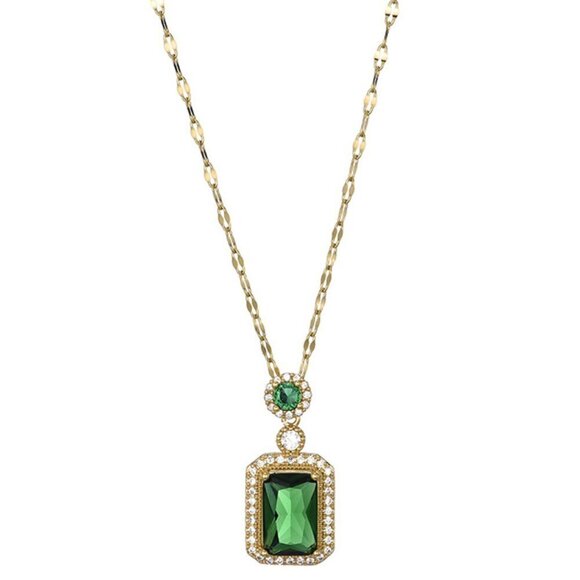 18K Gold Plated Stainless Steel Lips Chain Simulated Green Emerald Necklace - Picture 1 of 1